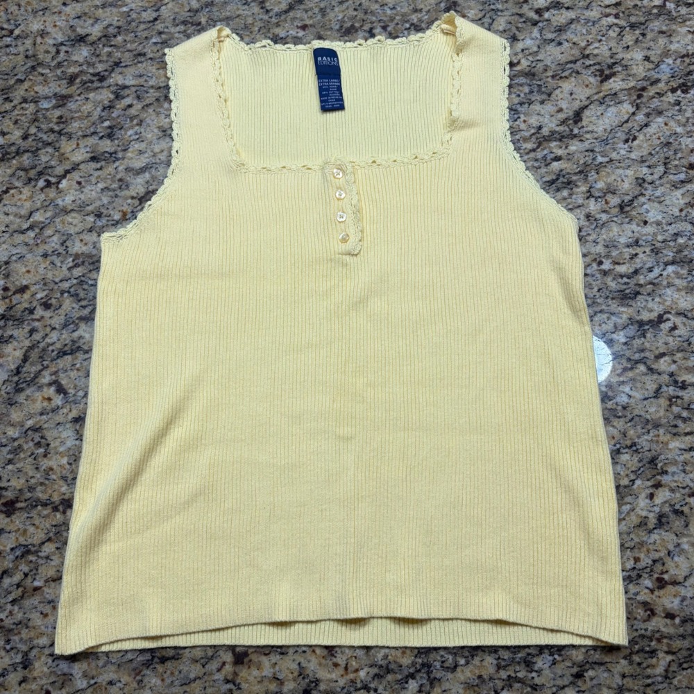 Basic Editions Womens XL Yellow Ribbed Knit Tank Top Crochet Lace Henley